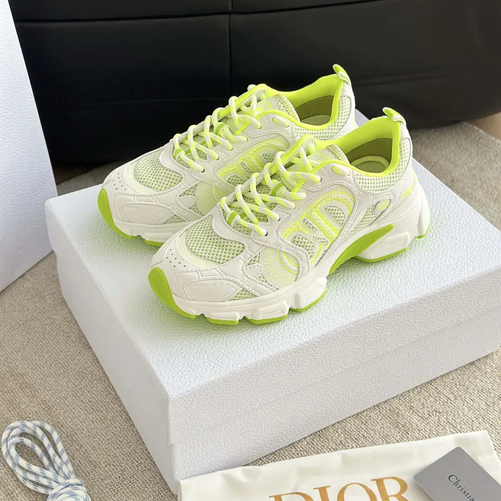 Dior Unisex Chrono Sneaker White and Lime Green Mesh with Leather-Effect Panels - image 5