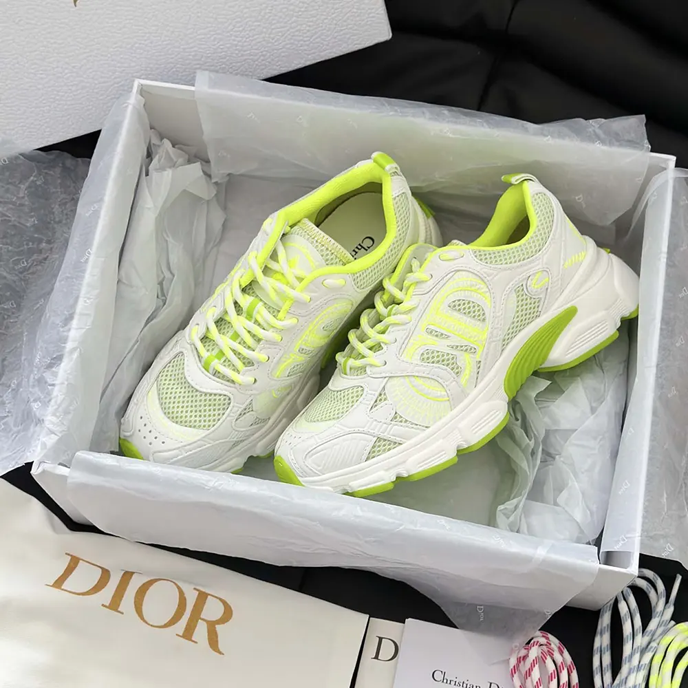 Dior Unisex Chrono Sneaker White and Lime Green Mesh with Leather-Effect Panels - image 6