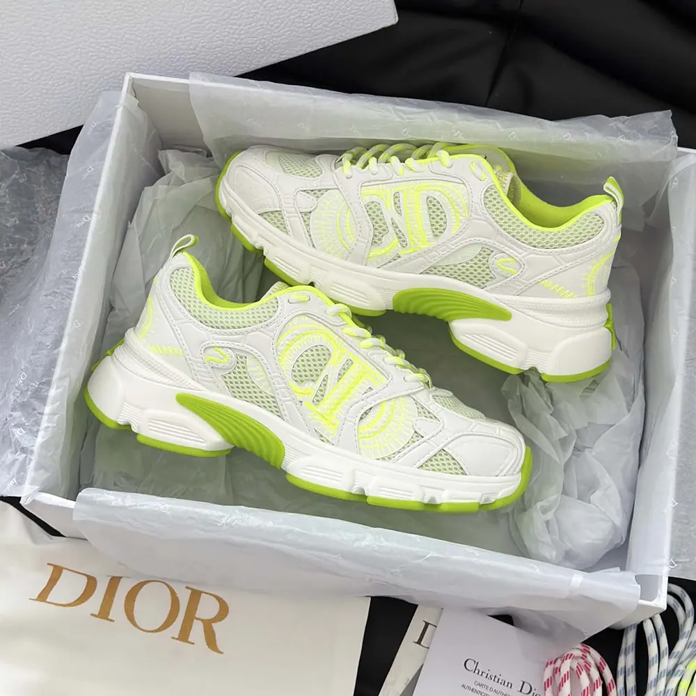 Dior Unisex Chrono Sneaker White and Lime Green Mesh with Leather-Effect Panels - image 7