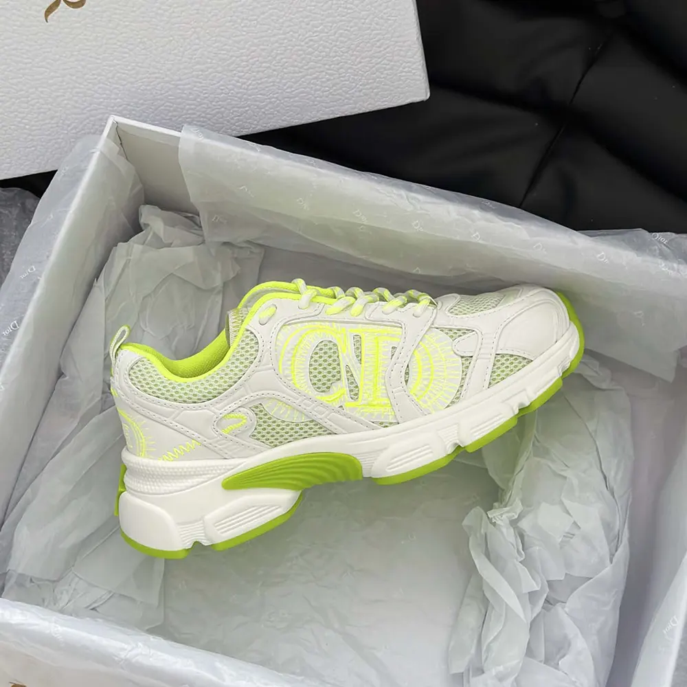 Dior Unisex Chrono Sneaker White and Lime Green Mesh with Leather-Effect Panels - image 8