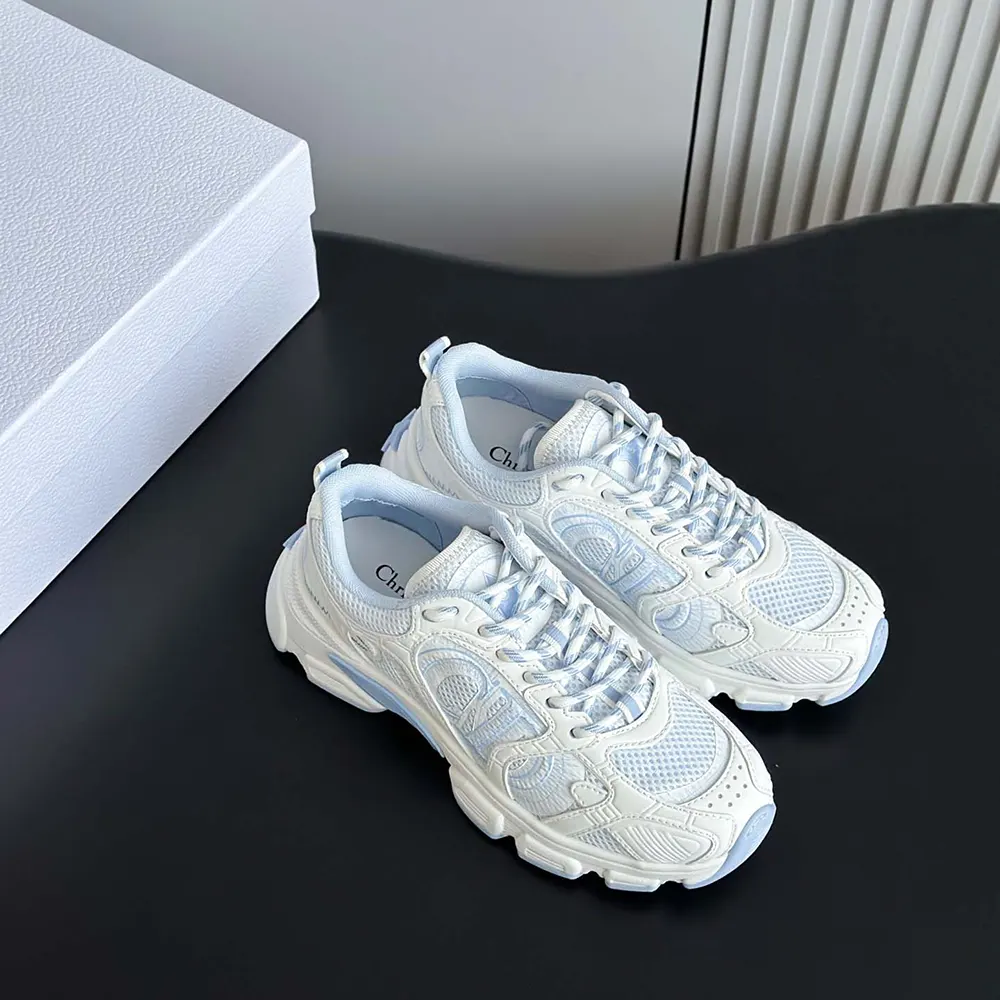 Overhead view of Dior Unisex Chrono Sneaker in white and sky blue