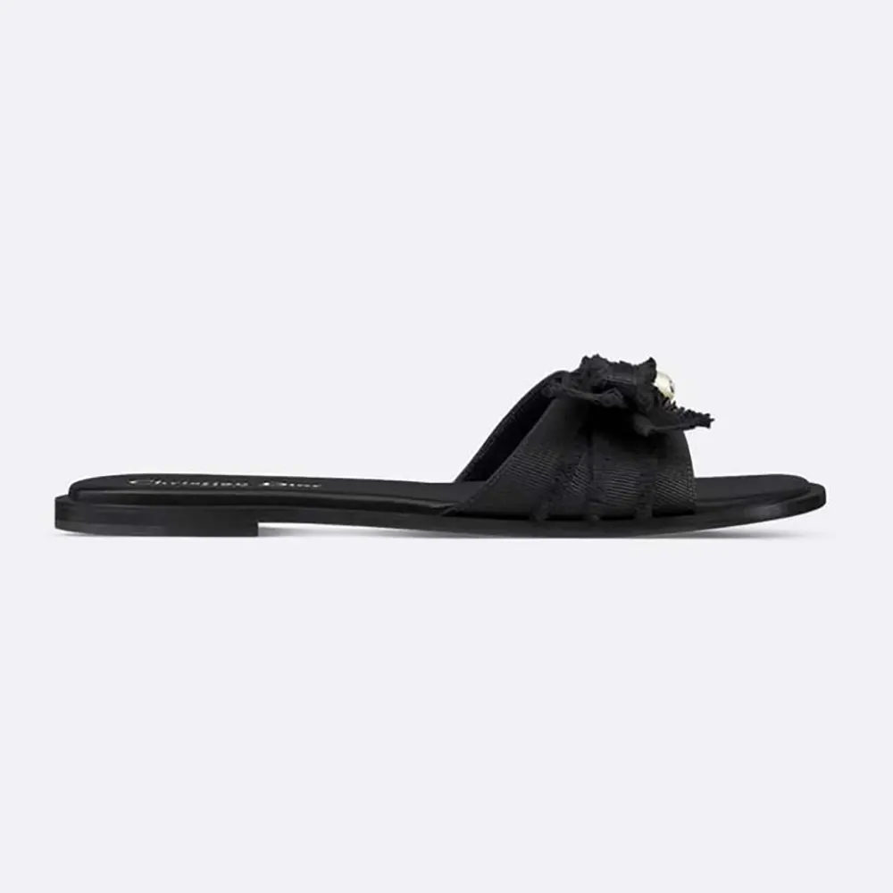Front angle of Dior Women Adiorable Slide Black Fringed Grosgrain sandal