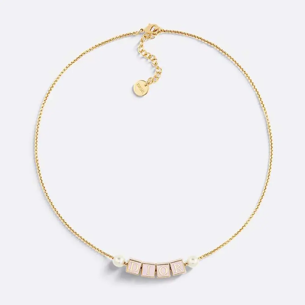 Front view of Dior Women D-Dice Necklace with pink lacquer and pearls
