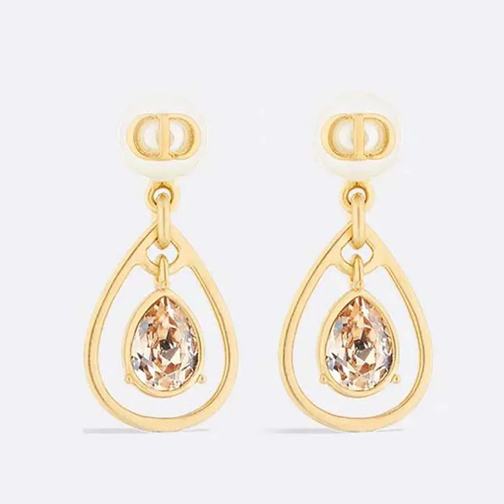 Front view of Dior Women D-Drop Earrings Gold-Finish Metal with Pearls