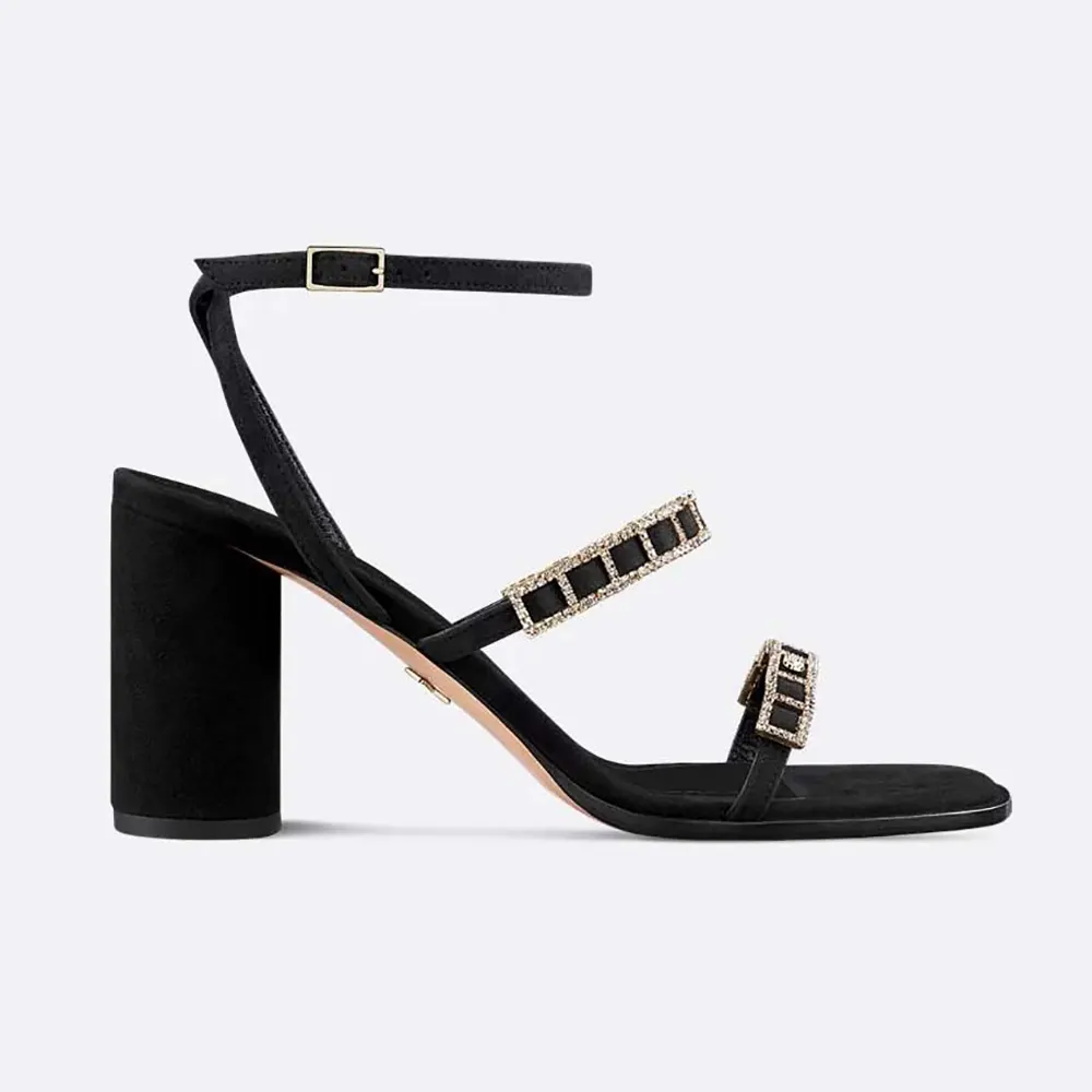Side profile of Dior Women Diorissime Heeled Sandal in black suede
