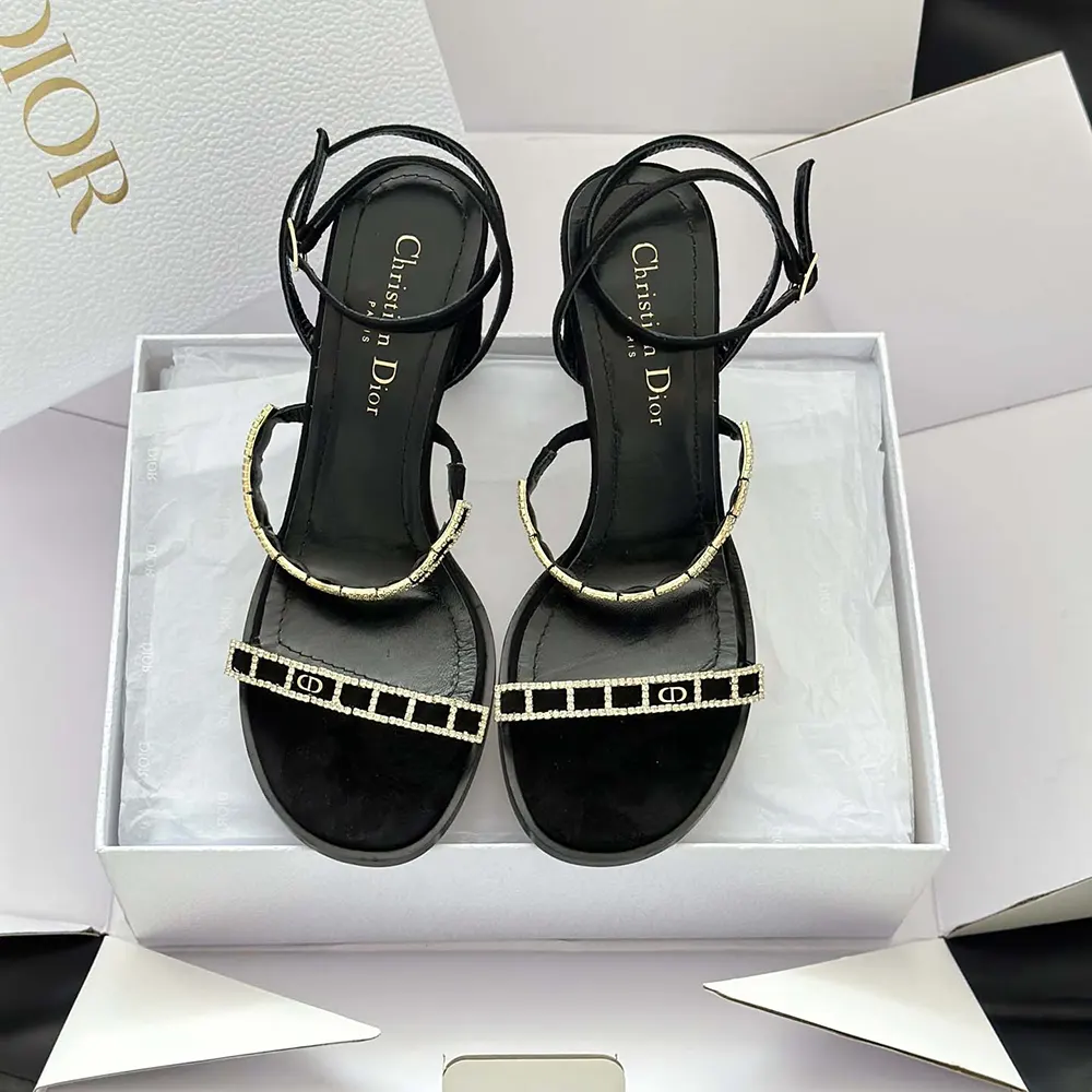Close-up on silver-tone strass detail of Dior Women Diorissime Heeled Sandal