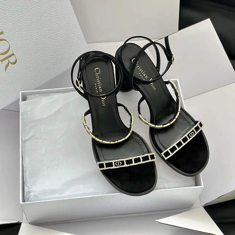 Top view of open-toe Dior Women Diorissime Heeled Sandal in black goatskin