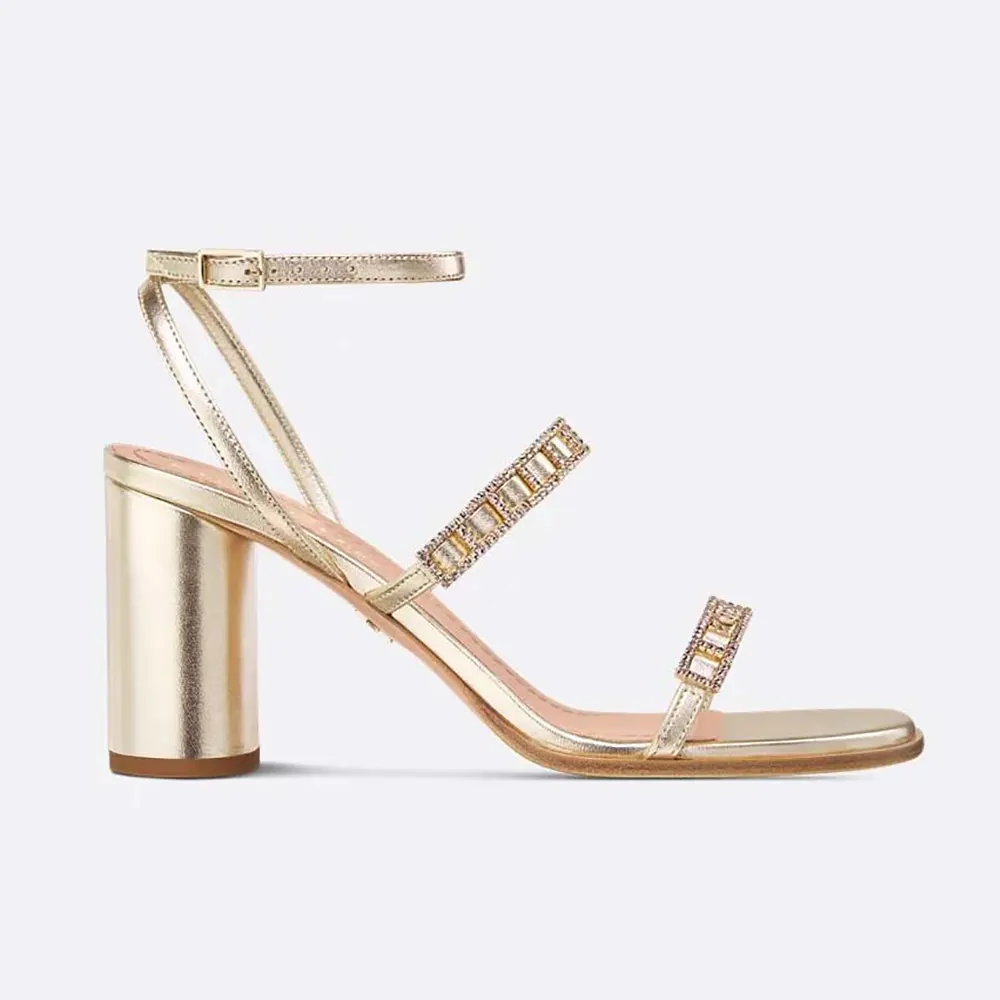 Side view of Dior Women Diorissime Heeled Sandal Gold-Tone Laminated Lambskin