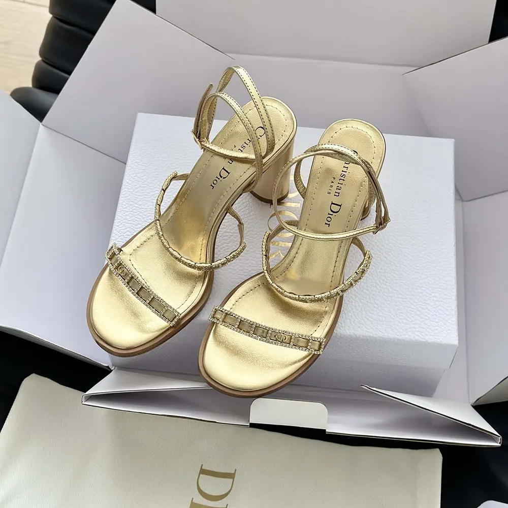 Dior Women Diorissime Heeled Sandal Gold-Tone Laminated Lambskin and Silver-Tone Strass - image 4