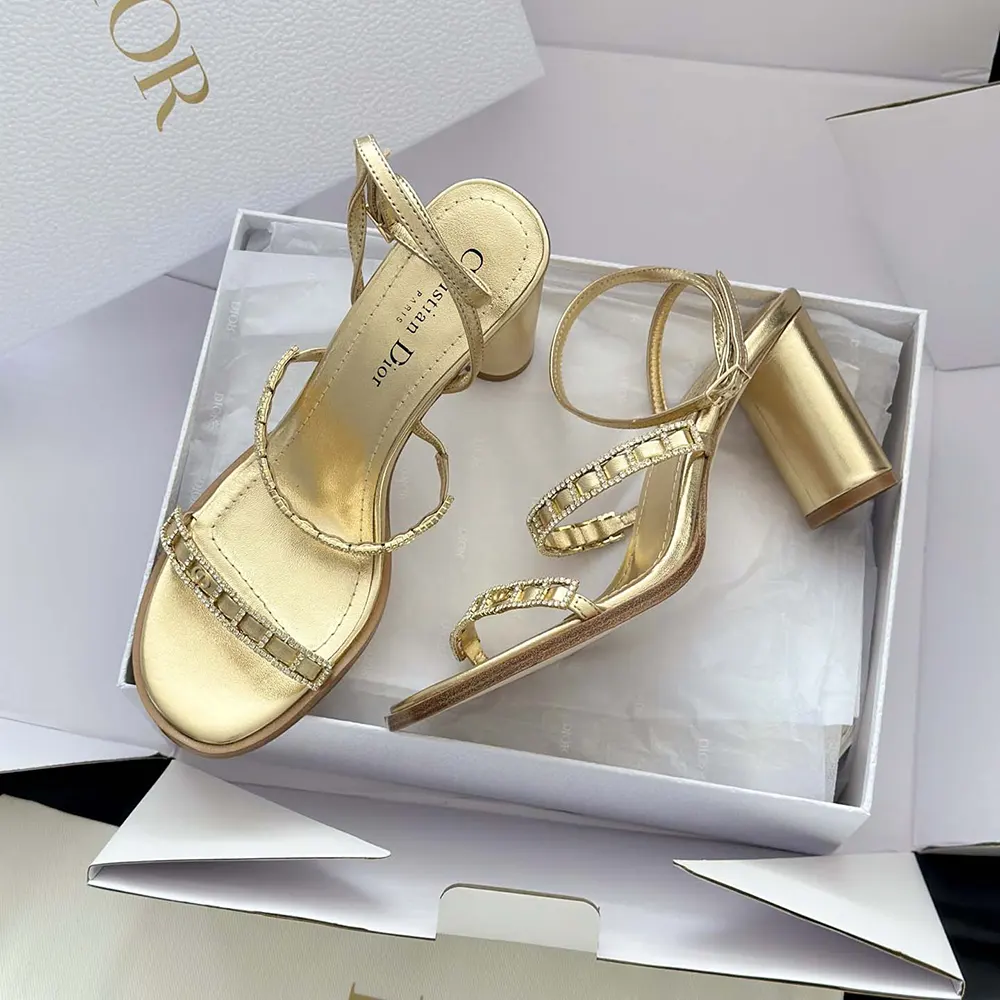 Dior Women Diorissime Heeled Sandal Gold-Tone Laminated Lambskin and Silver-Tone Strass - image 9