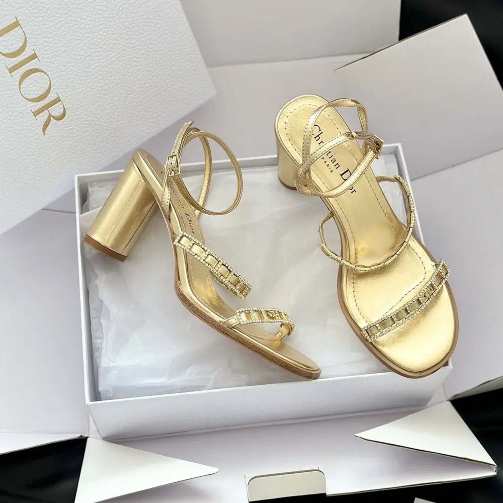 Dior Women Diorissime Heeled Sandal Gold-Tone Laminated Lambskin and Silver-Tone Strass - image 6