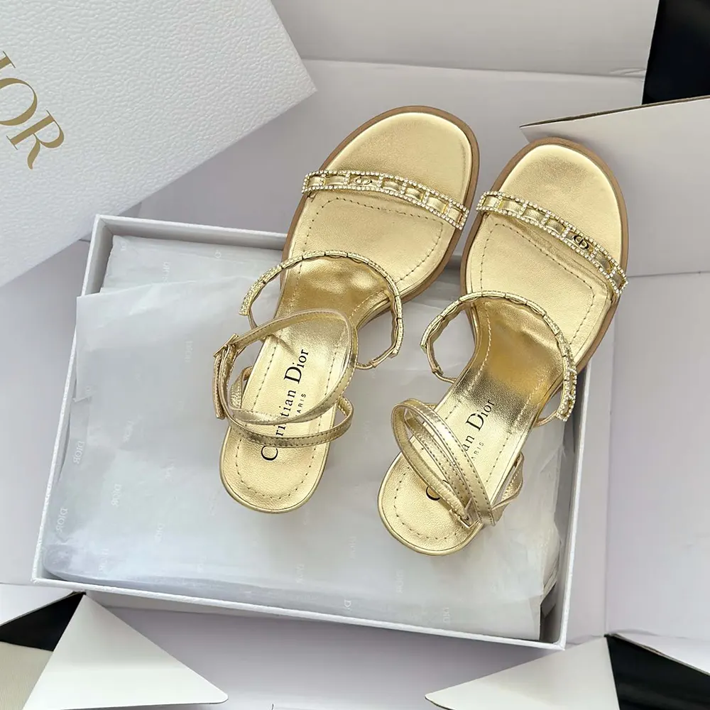Dior Women Diorissime Heeled Sandal Gold-Tone Laminated Lambskin and Silver-Tone Strass - image 5