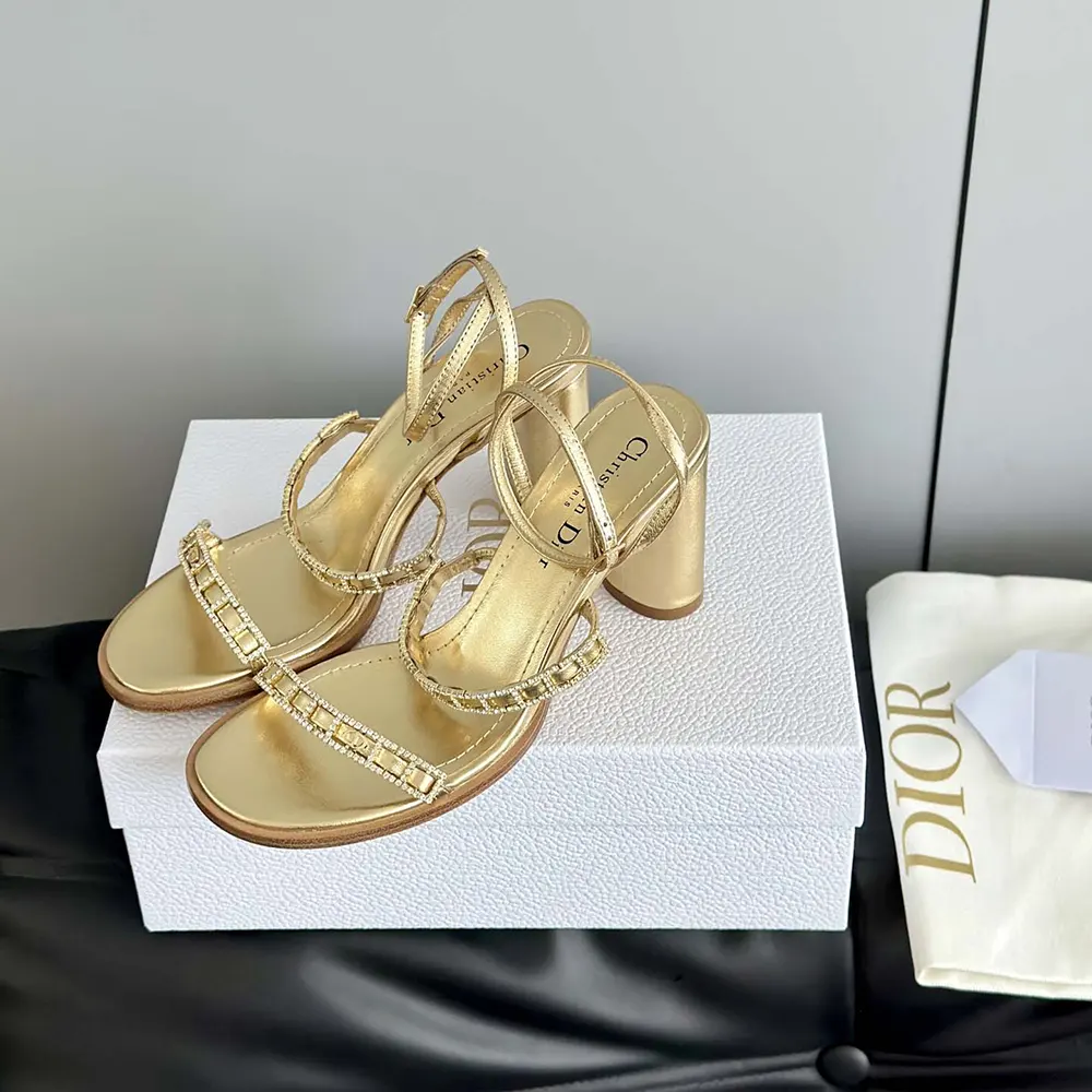 Dior Women Diorissime Heeled Sandal Gold-Tone Laminated Lambskin and Silver-Tone Strass - image 7