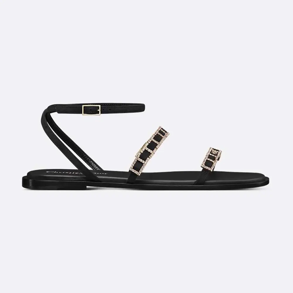 Front angle of Dior Women Diorissime Sandal Black Suede Goatskin and Silver-Tone Strass
