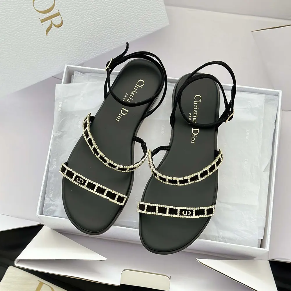 Close-up of silver-tone strass embellishments on Dior Women Diorissime Sandal