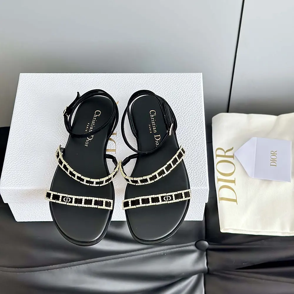 Side view highlighting ankle strap on Dior Women Diorissime Sandal Black Suede