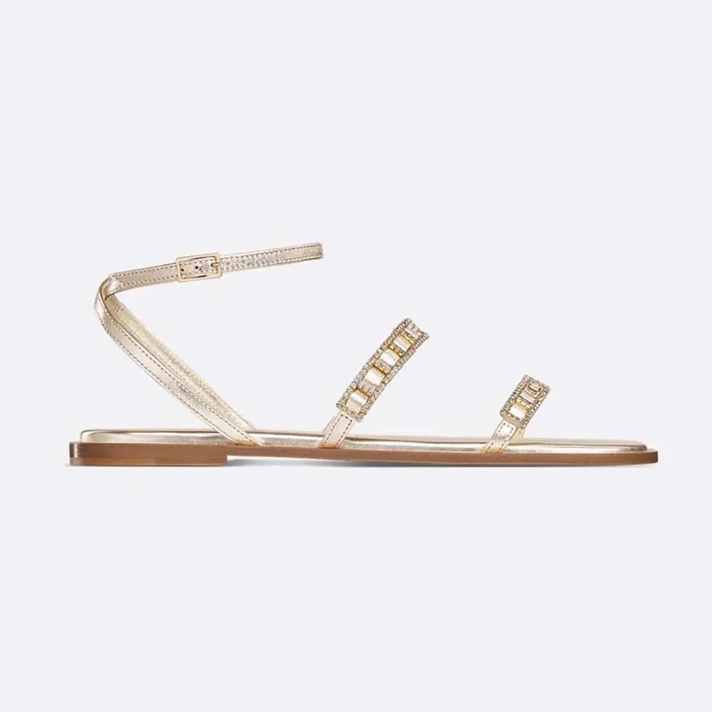 Side view of Dior Women Diorissime Sandal Gold-Tone Laminated Lambskin and Silver-Tone Strass