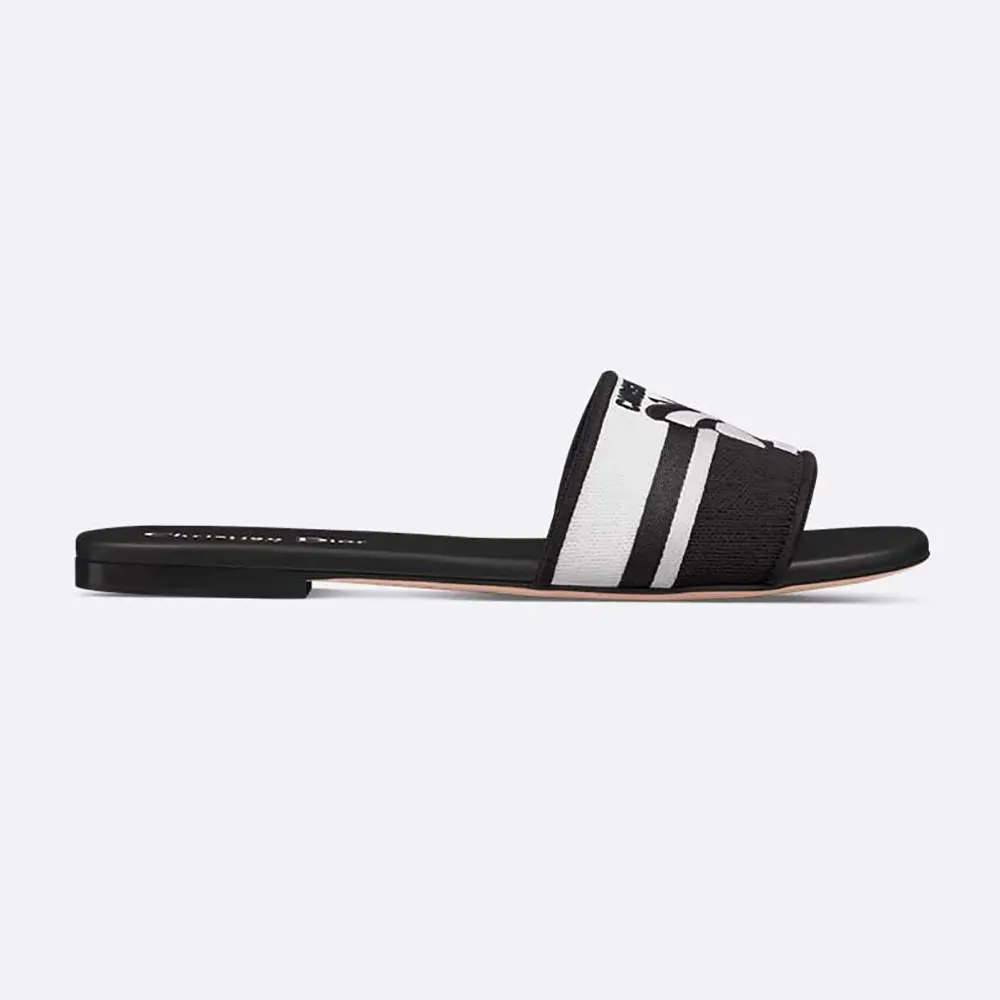 Side view of Dior Women Dway Slide Black and White Cotton Embroidered