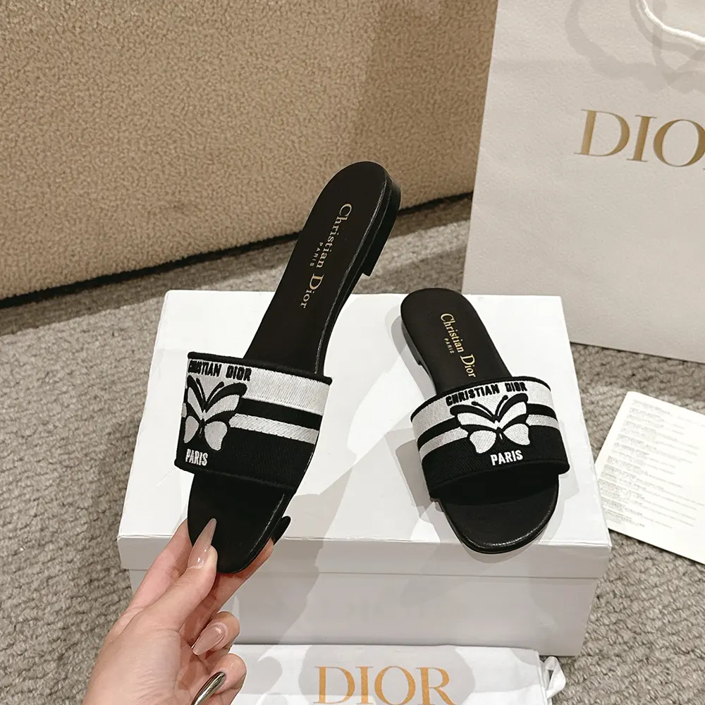 Dior Women Dway Slide Black and White Cotton Embroidered with Christian Dior Papillon Motif - image 4