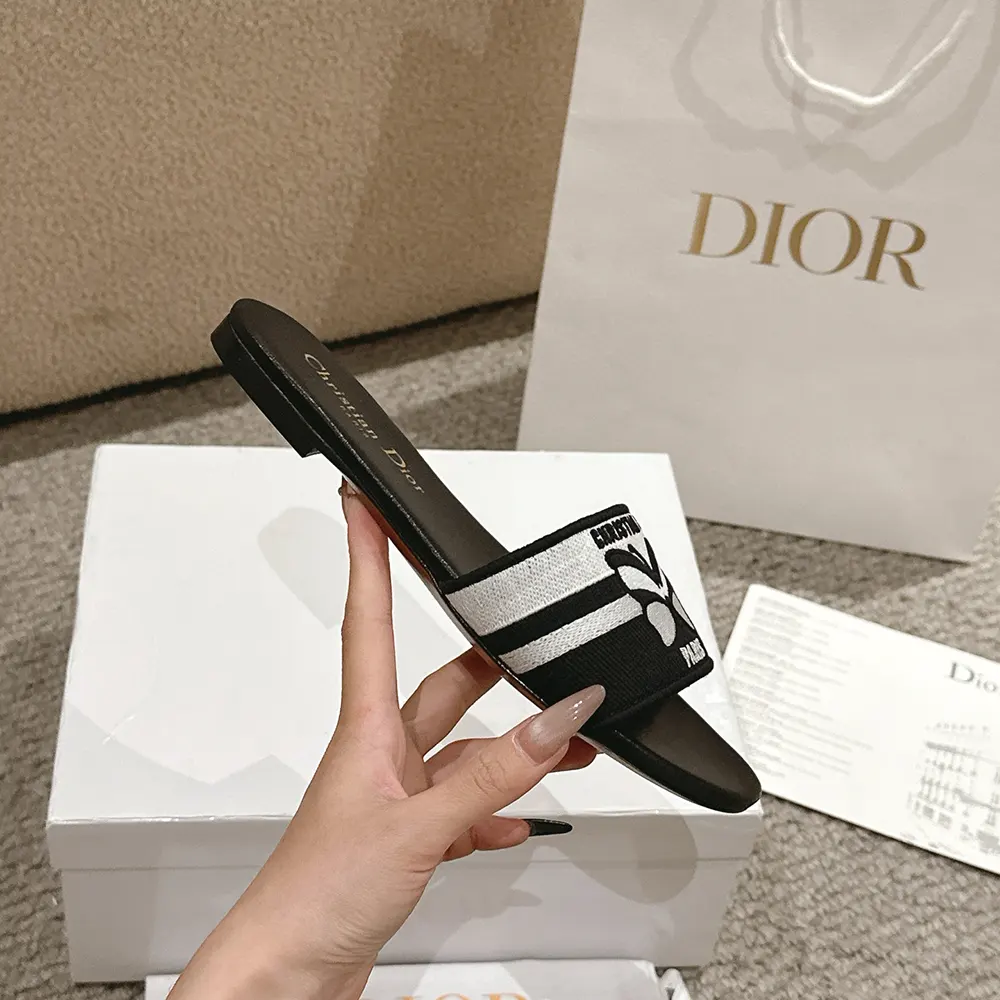 Dior Women Dway Slide Black and White Cotton Embroidered with Christian Dior Papillon Motif - image 6
