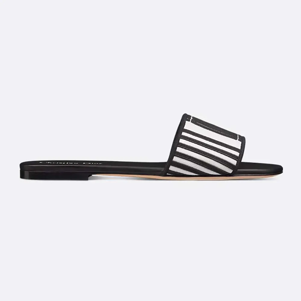 Front view of Dior Women Dway Slide Black and White Cotton Embroidered sandal