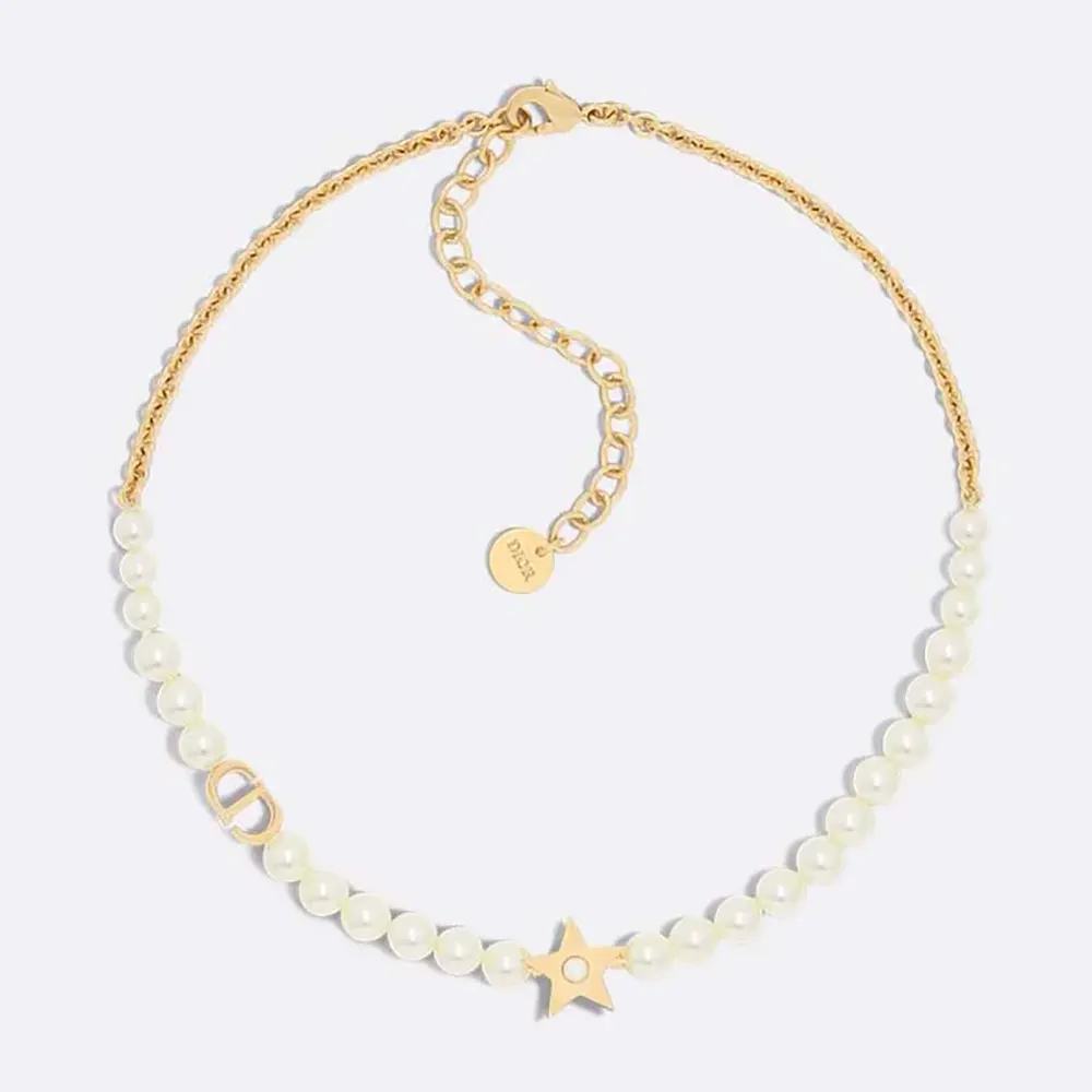 Close-up of Dior Women Lucky Dior Necklace gold finish and resin pearls