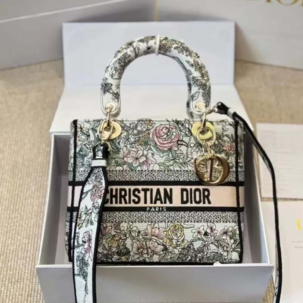 Close-up of floral constellation embroidery on Dior Lady D-Lite Bag