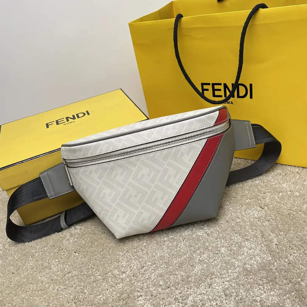 Close-up of silver hardware and zipper on Fendi Men Diagonal Belt Bag Leather-White