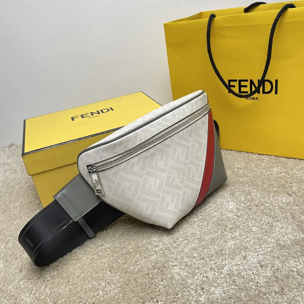 Side angle highlighting smooth white leather texture of Fendi Men Diagonal Belt Bag Leather-White