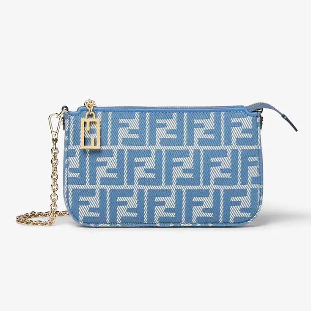Front view of Fendi Women Baguette Pouch Blue Denim-effect FF Jacquard Charm Pouch