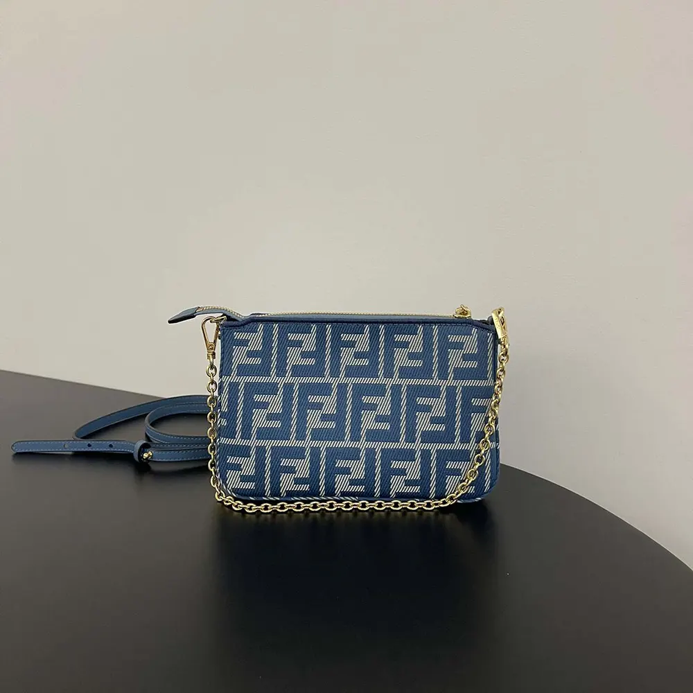 Side angle showing chain strap detail on Fendi Women Baguette Pouch Blue Denim-effect