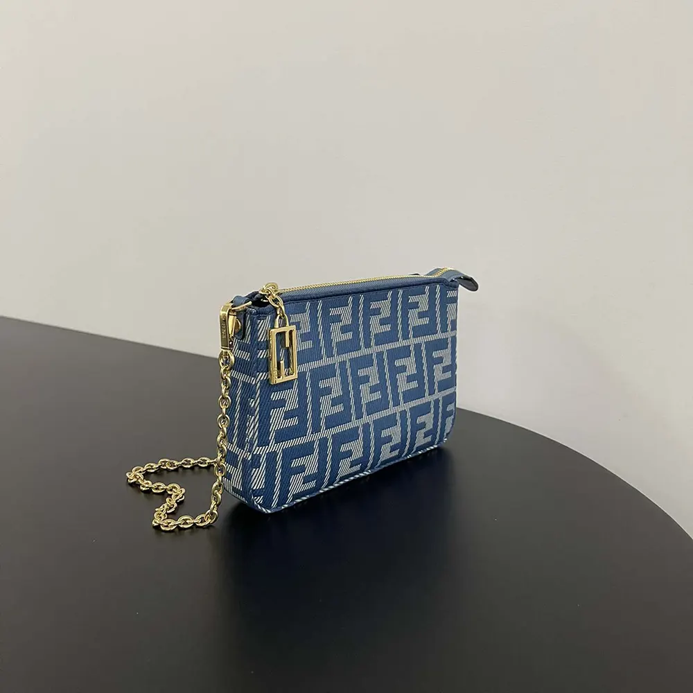 Fendi Women Baguette Pouch Blue Denim-effect FF Jacquard Charm Pouch with Chain - image 4