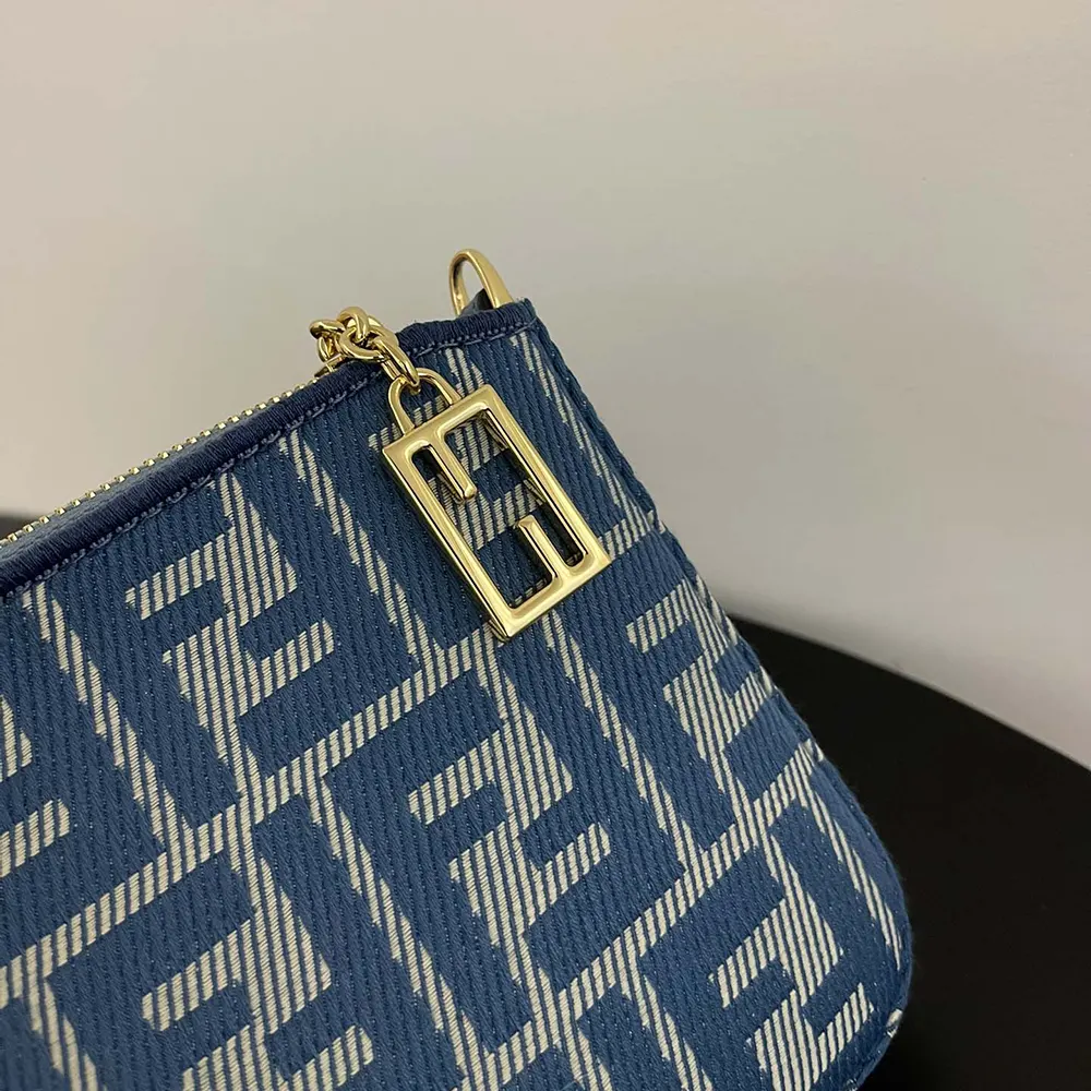 Fendi Women Baguette Pouch Blue Denim-effect FF Jacquard Charm Pouch with Chain - image 6