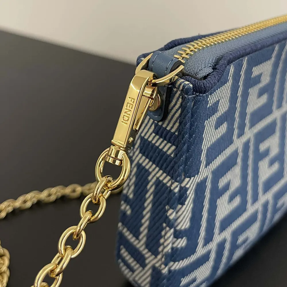 Fendi Women Baguette Pouch Blue Denim-effect FF Jacquard Charm Pouch with Chain - image 9