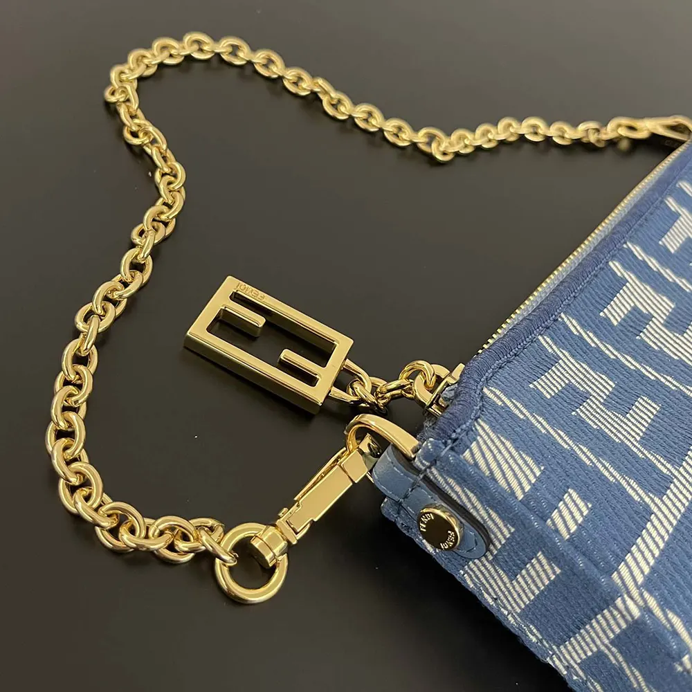 Fendi Women Baguette Pouch Blue Denim-effect FF Jacquard Charm Pouch with Chain - image 8