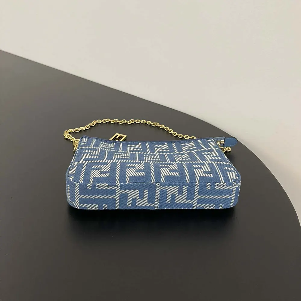 Fendi Women Baguette Pouch Blue Denim-effect FF Jacquard Charm Pouch with Chain - image 5