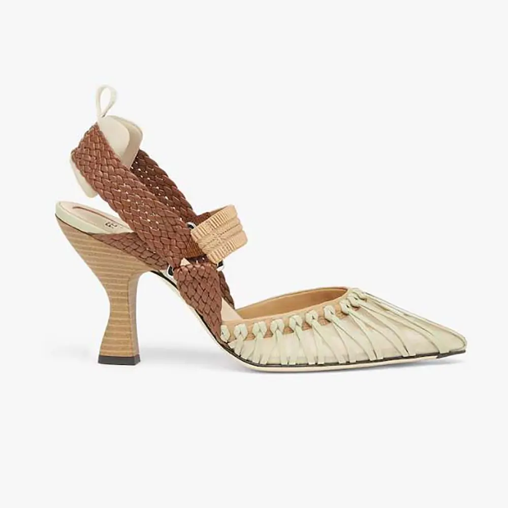 Side profile of Fendi Women Colibrì Mesh and Braided Leather High-heeled Slingbacks