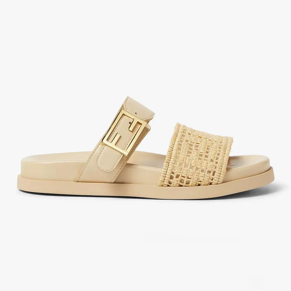 Side view of Fendi Women Feel Mesh Slides with Raffia FF Embroidery