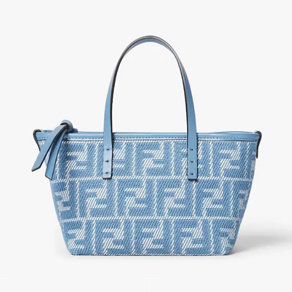 Front view of Fendi Women Roll Mini Blue Denim-effect FF Jacquard Mini-bag