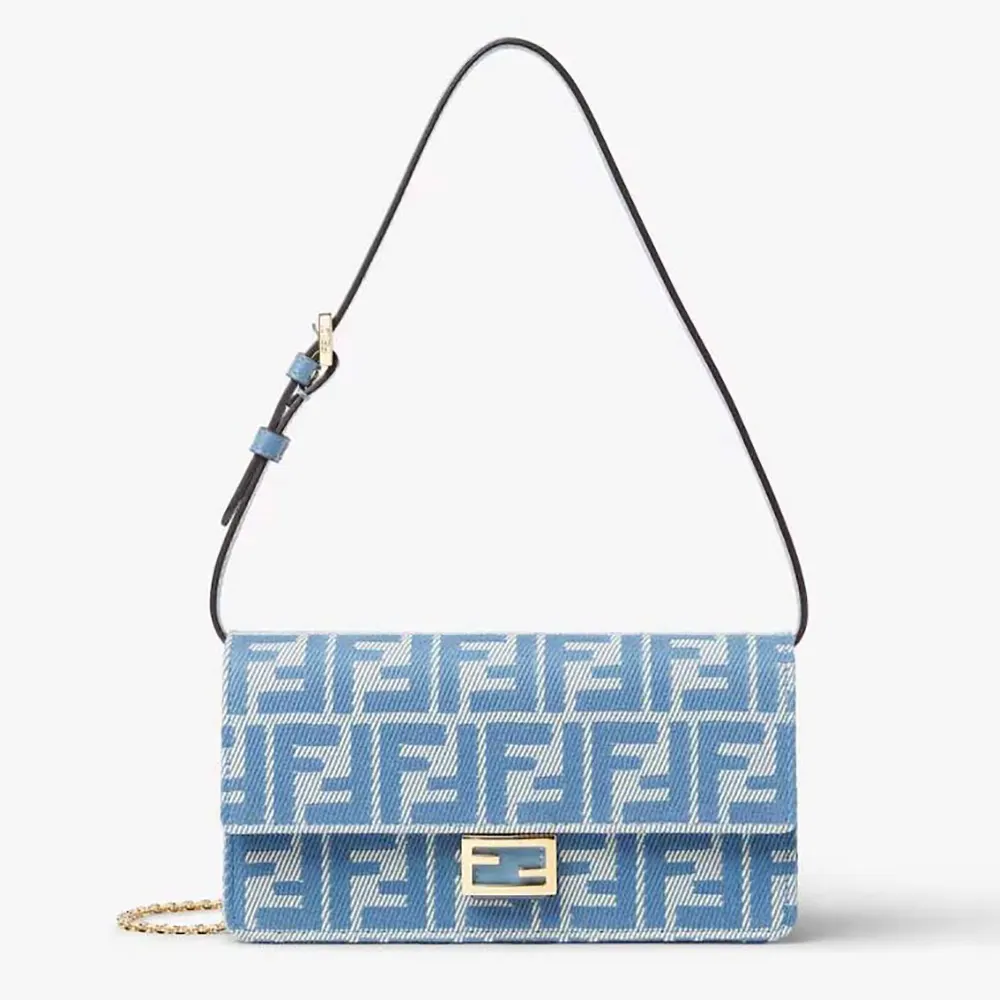 Front view of Fendi Women Wallet On Chain Baguette Blue Denim-effect FF Jacquard Wallet