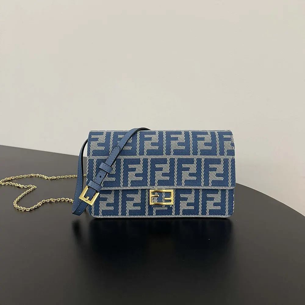 Close-up of gold-tone hardware on Fendi Women Wallet On Chain Baguette Blue Denim-effect