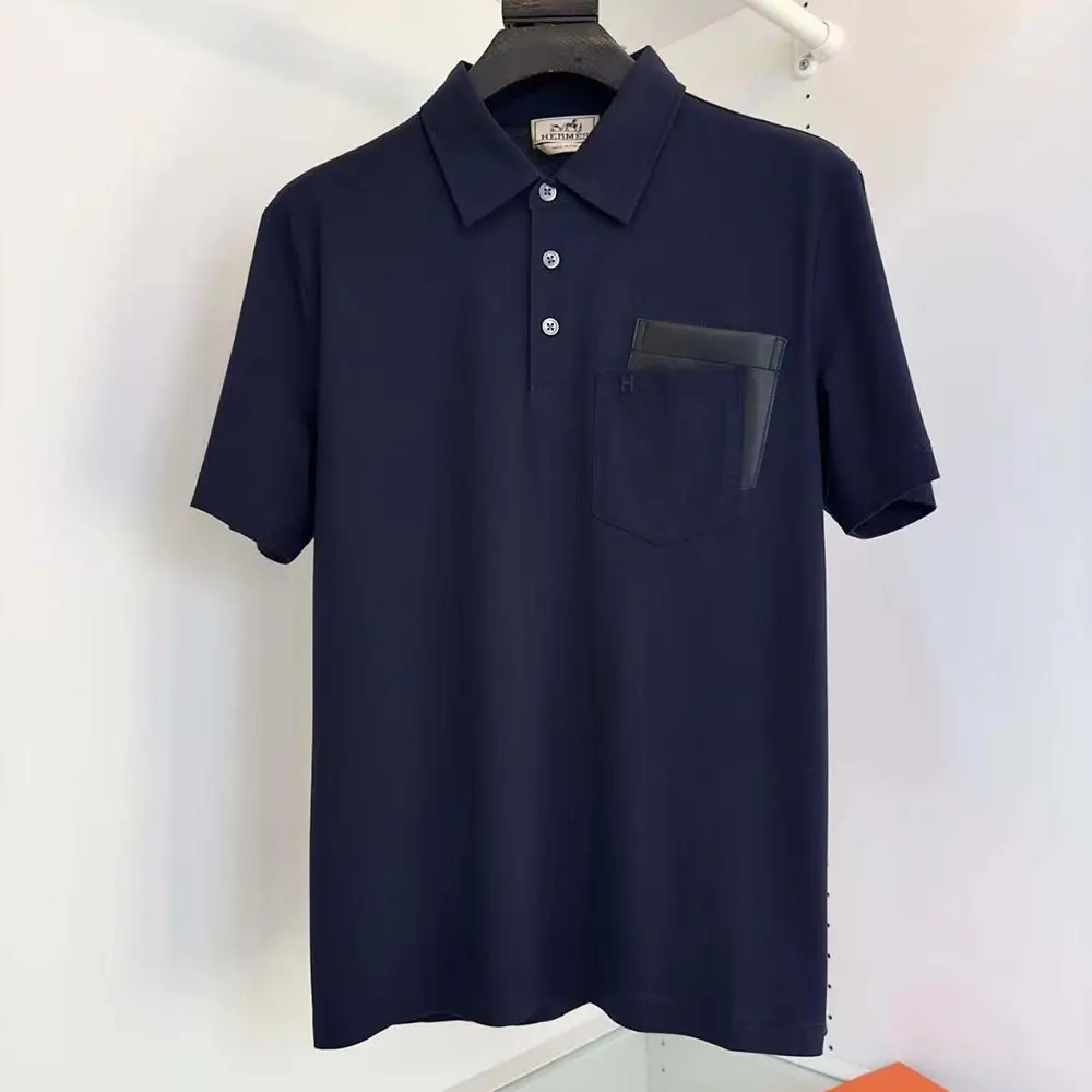Front view of Hermes Men Polo Shirt with Pocket in navy blue