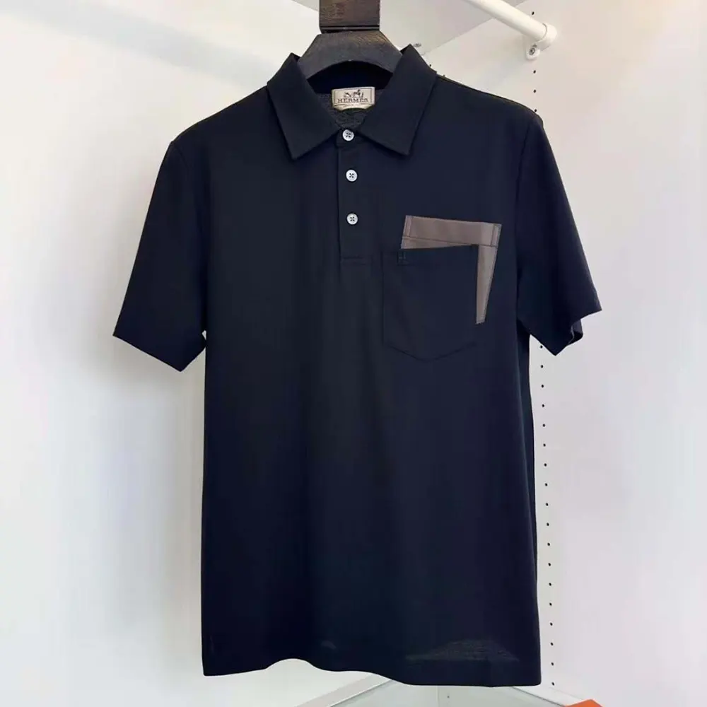 Front view of Hermes Men Polo Shirt with Pocket-Navy/Brown showing pocket detail