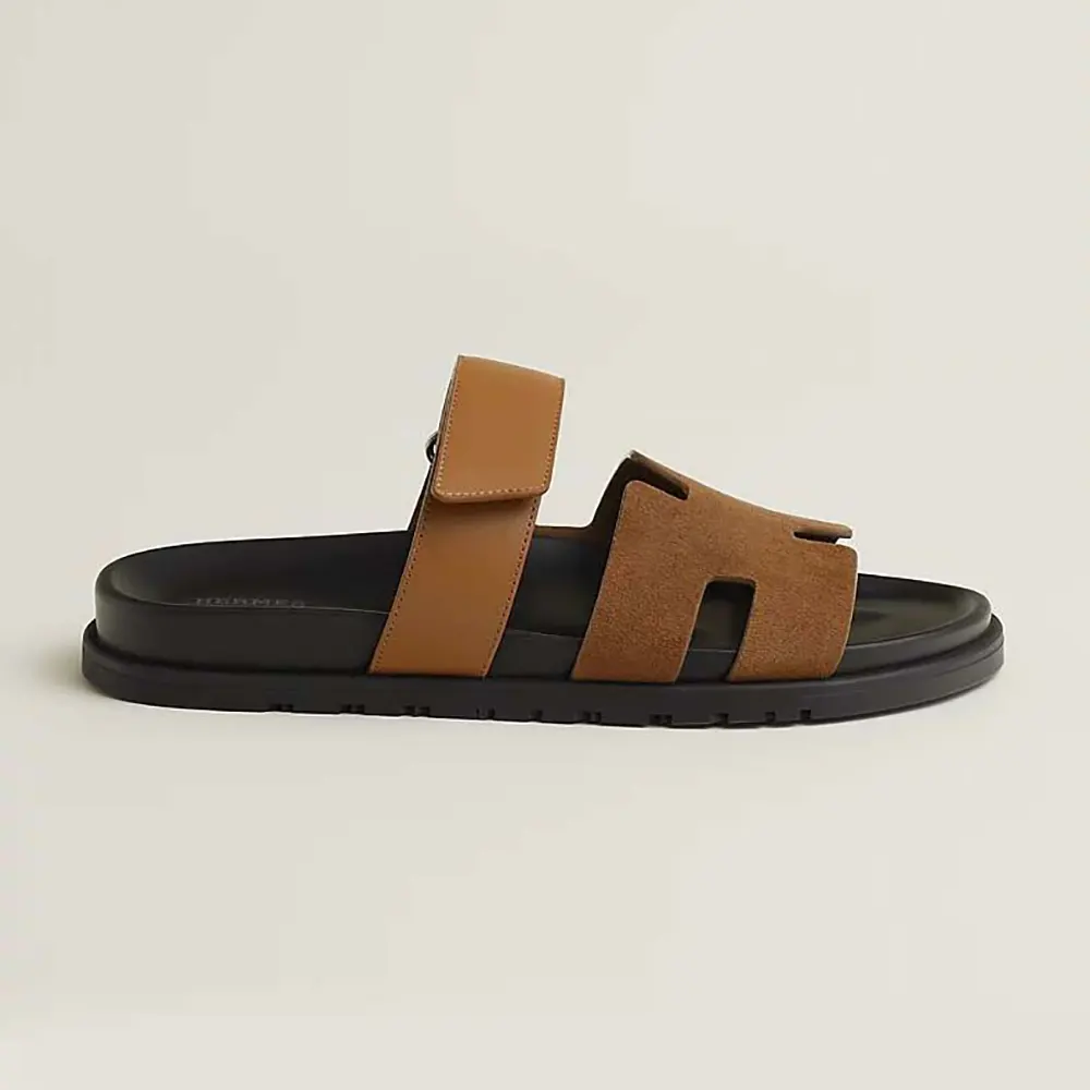 Side view of Hermes Unisex Chypre Sandal-Brown showing leather strap
