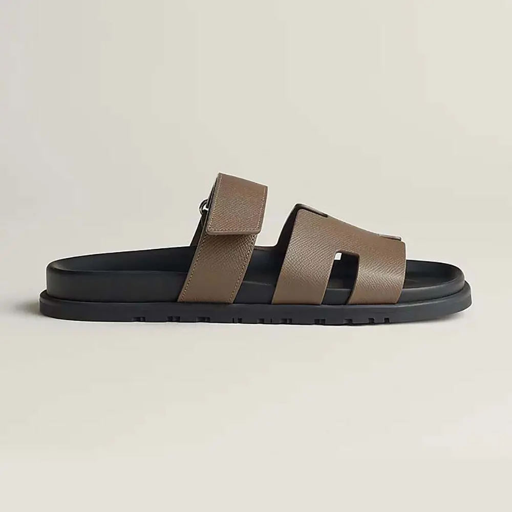 Front angle of Hermes Unisex Chypre Sandal-Dark Brown showing H detail