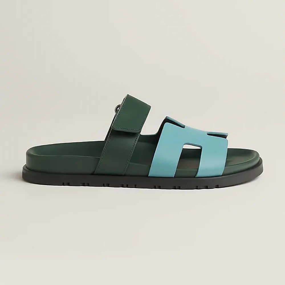 Side view of Hermes Unisex Chypre Sandal-Green/Blue showcasing color contrast