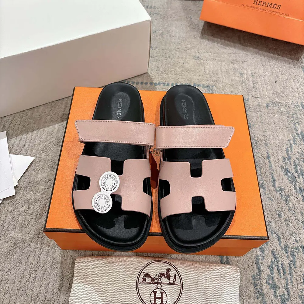 Top view highlighting adjustable straps of Hermes Unisex Chypre Sandal-Pink