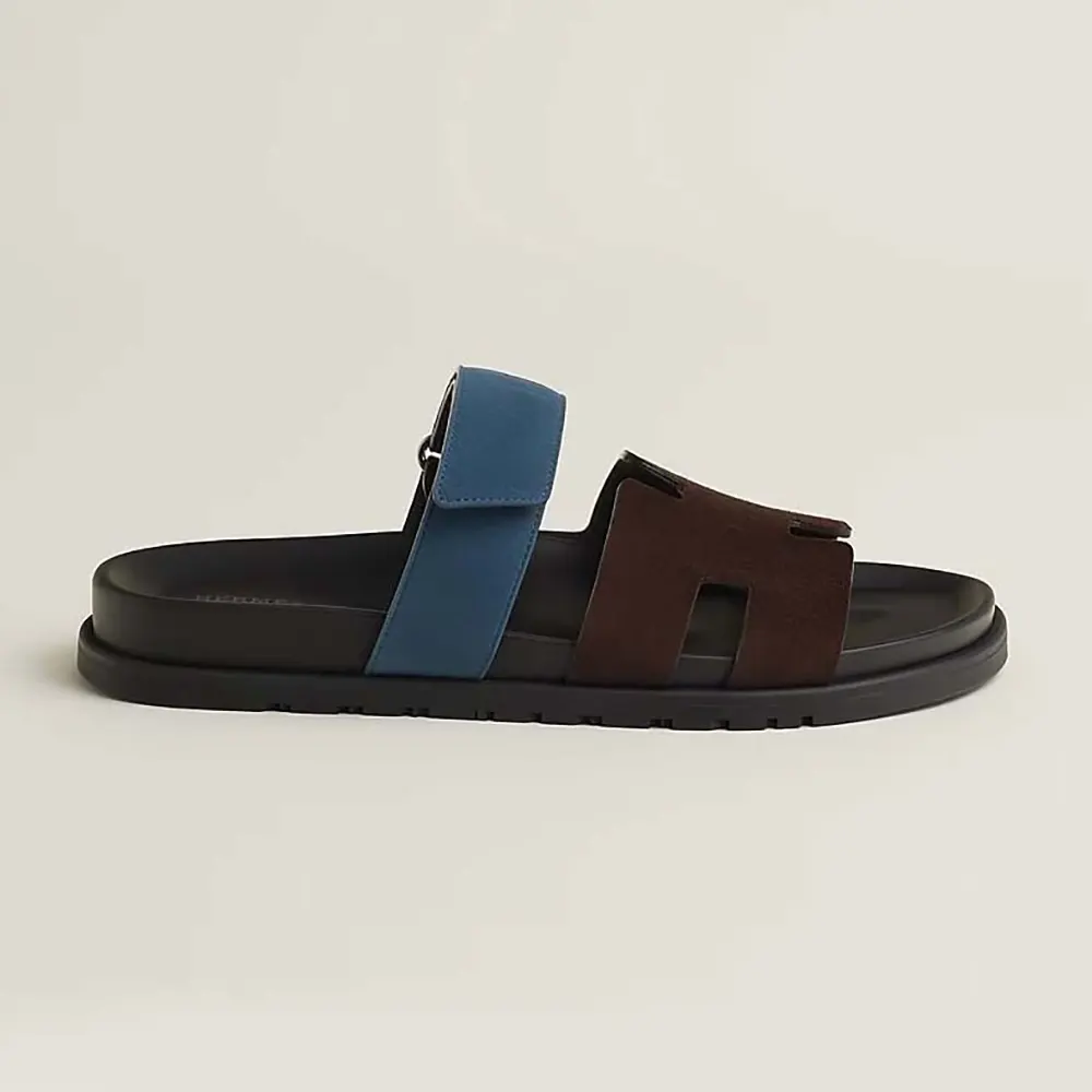 Front angle of Hermes Unisex Chypre Sandal-Blue/Brown showing H cutout
