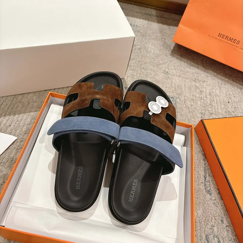 Overhead view of Hermes Unisex Chypre Sandal-Blue/Brown showcasing dual-tone colors