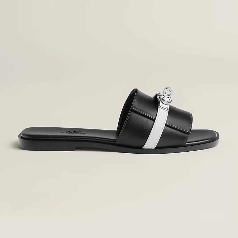 Side view of Hermes Unisex Giulia sandal-Black/White showing silhouette